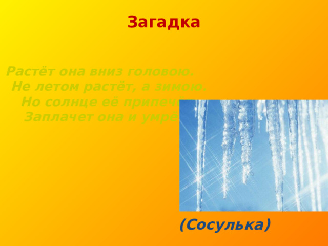 Загадка      Растёт она вниз головою.  Не летом растёт, а зимою.  Но солнце её припечёт-  Заплачет она и умрёт. (Сосулька) 