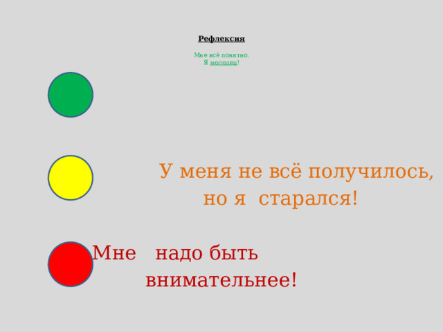   Рефлексия   Мне всё понятно.  Я молодец !  У меня не всё получилось,  но я старался!  Мне надо быть внимательнее! 