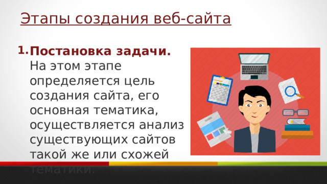 Этапы создания веб-сайта 1. Постановка задачи. На этом этапе определяется цель создания сайта, его основная тематика, осуществляется анализ существующих сайтов такой же или схожей тематики. 