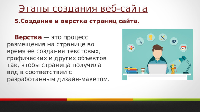 Этапы создания веб-сайта 5. Создание и верстка страниц сайта.  Верстка — это процесс размещения на странице во время ее создания текстовых, графических и других объектов так, чтобы страница получила вид в соответствии с разработанным дизайн-макетом. 