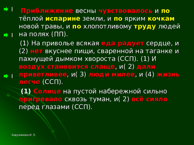  Приближение весны чувствовалось и по тёплой испарине земли, и по ярким кочкам новой травы, и по хлопотливому труду людей на полях (ПП).  (1) На приволье всякая еда радует сердце, и (2) нет вкуснее пищи, сваренной на таганке и пахнущей дымком хвороста (ССП). (1) И воздух становится слаще , и( 2) дали приветливее , и( 3) люди милее , и (4) жизнь легче (ССП).  (1) Солнце на пустой набережной сильно пригревало сквозь туман, и( 2) всё сияло перед глазами (ССП). Андреянова И. Э. 
