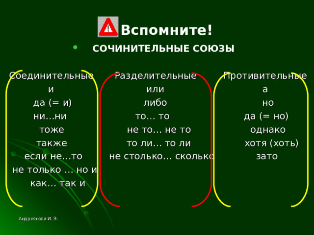  Вспомните! СОЧИНИТЕЛЬНЫЕ СОЮЗЫ  Соединительные Разделительные Противительные  и или а  да (= и) либо но  ни…ни то… то да (= но)  тоже не то… не то однако  также то ли… то ли хотя (хоть)  если не…то не столько… сколько зато  не только … но и  как… так и Андреянова И. Э. 