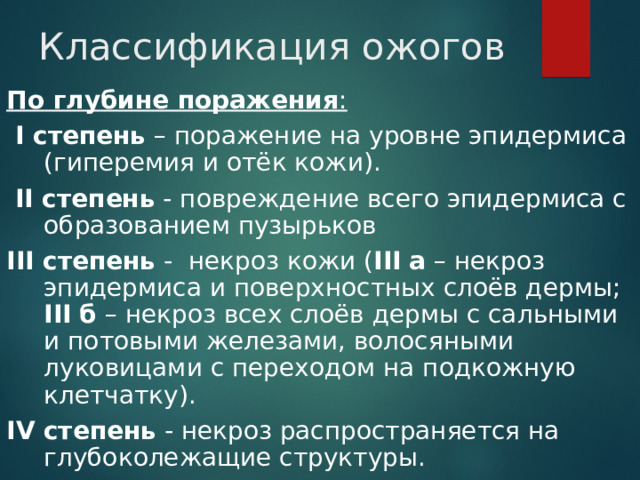 Классификация ожогов По глубине поражения :   I степень – поражение на уровне эпидермиса (гиперемия и отёк кожи).  II степень - повреждение всего эпидермиса с образованием пузырьков III степень - некроз кожи ( III  а – некроз эпидермиса и поверхностных слоёв дермы; III  б – некроз всех слоёв дермы с сальными и потовыми железами, волосяными луковицами с переходом на подкожную клетчатку). IV степень - некроз распространяется на глубоколежащие структуры. 