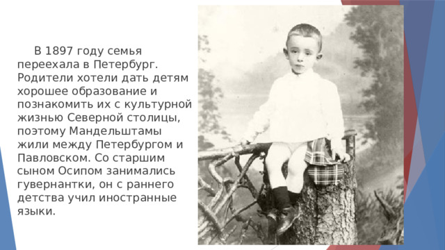 В 1897 году семья переехала в Петербург. Родители хотели дать детям хорошее образование и познакомить их с культурной жизнью Северной столицы, поэтому Мандельштамы жили между Петербургом и Павловском. Со старшим сыном Осипом занимались гувернантки, он с раннего детства учил иностранные языки. 
