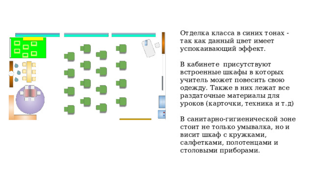 Отделка класса в синих тонах - так как данный цвет имеет успокаивающий эффект. В кабинете присутствуют встроенные шкафы в которых учитель может повесить свою одежду. Также в них лежат все раздаточные материалы для уроков (карточки, техника и т.д) В санитарно-гигиенической зоне стоит не только умывалка, но и висит шкаф с кружками, салфетками, полотенцами и столовыми приборами. 