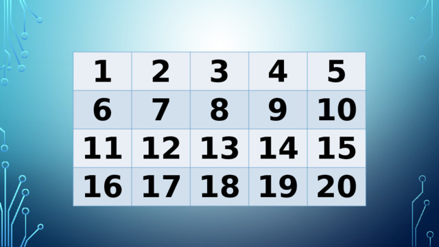 1 2 6 7 11 3 4 12 8 16 5 9 13 17 14 10 18 15 19 20 