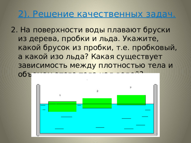  2). Решение качественных задач. 2. На поверхности воды плавают бруски из дерева, пробки и льда. Укажите, какой брусок из пробки, т.е. пробковый, а какой изо льда? Какая существует зависимость между плотностью тела и объемом этого тела над водой? 