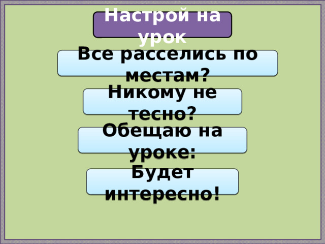 Настрой на урок Все расселись по местам? Никому не тесно? Обещаю на уроке: Будет интересно! 