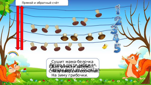 Прямой и обратный счёт Сушит мама-белочка Для сынка и дочки На ветвях развесистых На зиму грибочки. Ветер в гости забежал, Сверху вниз их сосчитал. Ёжик в гости забежал, Снизу вверх их сосчитал. 