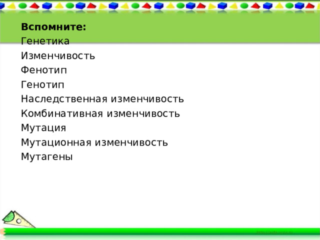 Вспомните: Генетика Изменчивость Фенотип Генотип Наследственная изменчивость Комбинативная изменчивость Мутация Мутационная изменчивость Мутагены 