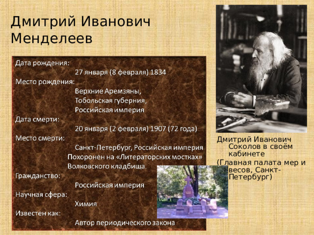 Дмитрий Иванович Менделеев Дмитрий Иванович Соколов в своём кабинете (Главная палата мер и весов, Санкт-Петербург) 