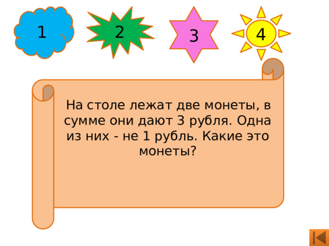 1 2 3 4   На столе лежат две монеты, в сумме они дают 3 рубля. Одна из них - не 1 рубль. Какие это монеты? 