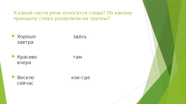 К какой части речи относятся слова? По какому принципу слова разделили на группы? Хорошо здесь завтра Красиво там вчера Весело кое-где сейчас 