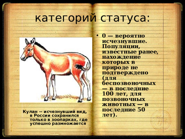 категорий статуса: 0 — вероятно исчезнувшие. Популяции, известные ранее, нахождение которых в природе не подтверждено (для беспозвоночных — в последние 100 лет, для позвоночных животных — в последние 50 лет). Кулан -- исчезнувший вид, в России сохранился только в зоопарках, где успешно размножается 