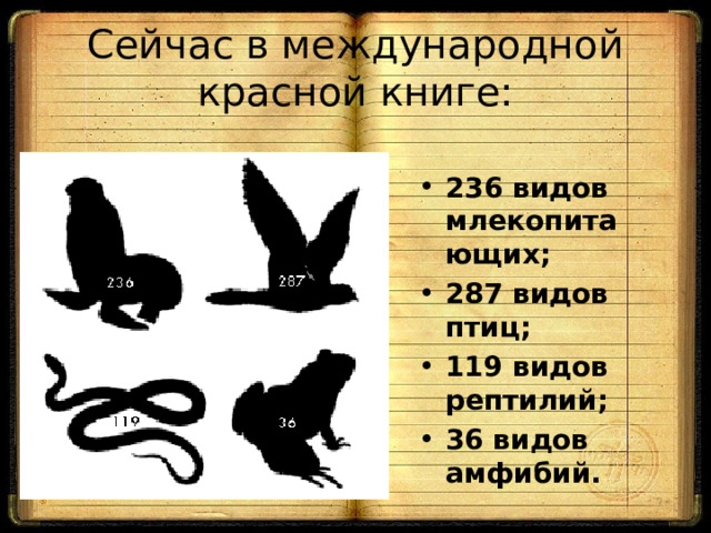 Сейчас в международной красной книге: 236 видов млекопитающих; 287 видов птиц; 119 видов рептилий; 36 видов амфибий. 