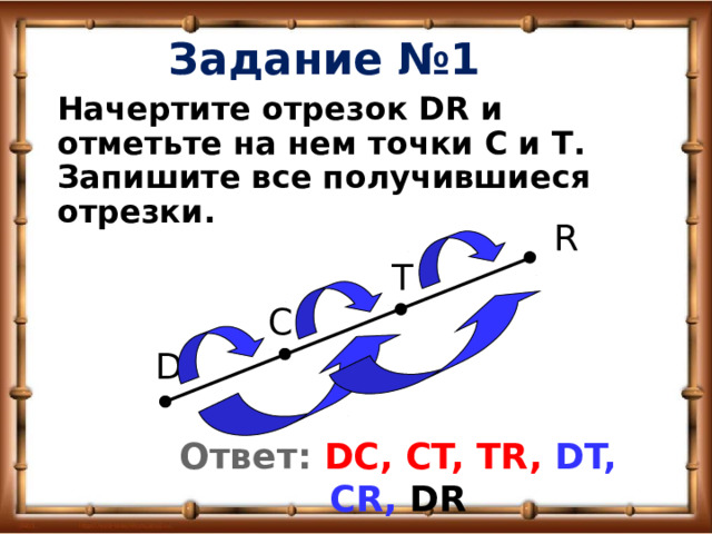 Задание №1    Начертите отрезок DR и отметьте на нем точки С и Т. Запишите все получившиеся отрезки. R T C D Ответ: DC, CT, TR, DT, СR, DR 