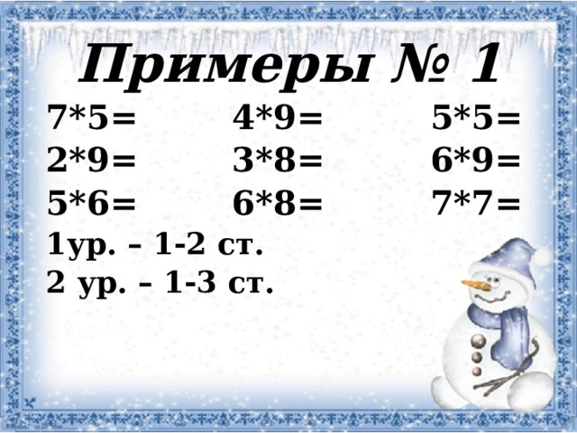 Примеры № 1 7*5= 4*9= 5*5= 2*9= 3*8= 6*9= 5*6= 6*8= 7*7= 1ур. – 1-2 ст. 2 ур. – 1-3 ст. 