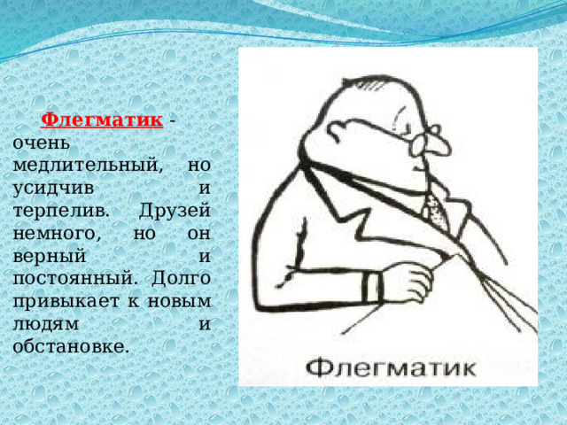 Флегматик  - очень медлительный, но усидчив и терпелив. Друзей немного, но он верный и постоянный. Долго привыкает к новым людям и обстановке. 
