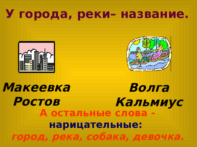 У города, реки– название. Макеевка Ростов Волга Кальмиус А остальные слова - нарицательные:  город, река, собака, девочка.   