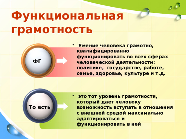 Функциональная грамотность  Умение человека грамотно, квалифицированно функционировать во всех сферах человеческой деятельности: политике, государстве, работе, семье, здоровье, культуре и т.д. ФГ  это тот уровень грамотности, который дает человеку возможность вступать в отношения с внешней средой максимально адаптироваться и функционировать в ней То есть 