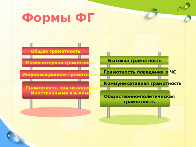 Формы ФГ Общая грамотность  Бытовая грамотность  Компьютерная грамотность  Грамотность поведения в ЧС Информационная грамотность  Коммуникативная грамотность  Грамотность при овладении Иностранными языками  Общественно-политическая грамотность 