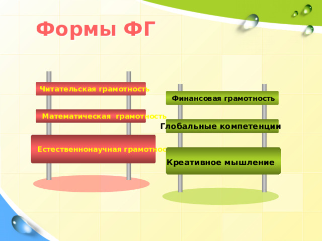 Формы ФГ Читательская грамотность  Финансовая грамотность  Математическая грамотность Глобальные компетенции   Естественнонаучная грамотность  Креативное мышление 