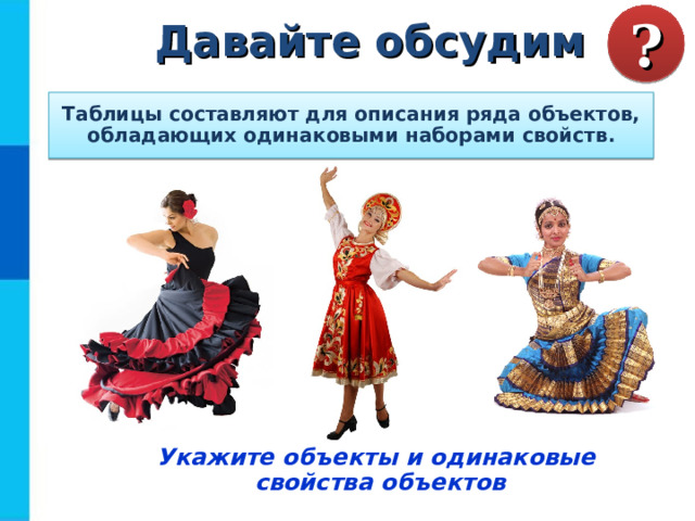 ? Давайте обсудим Таблицы составляют для описания ряда объектов, обладающих одинаковыми наборами свойств. Укажите объекты и одинаковые  свойства объектов  