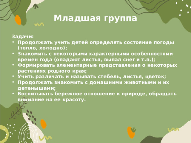 Младшая группа Задачи: Продолжать учить детей определять состояние погоды (тепло, холодно); Знакомить с некоторыми характерными особенностями времен года (опадают листья, выпал снег и т.п.); Формировать элементарные представления о некоторых растениях родного края; Учить различать и называть стебель, листья, цветок; Продолжать знакомить с домашними животными и их детенышами; Воспитывать бережное отношение к природе, обращать внимание на ее красоту. 