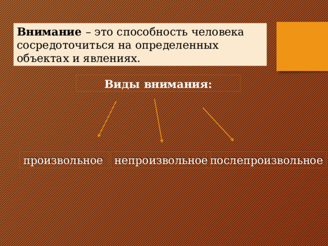 Внимание – это способность человека сосредоточиться на определенных объектах и явлениях. Виды внимания: произвольное  послепроизвольное непроизвольное 
