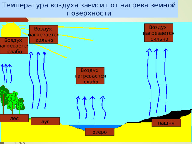 Температура воздуха зависит от нагрева земной поверхности Воздух нагревается  сильно Воздух нагревается  сильно Воздух нагревается  слабо Воздух нагревается  слабо лес луг пашня озеро 
