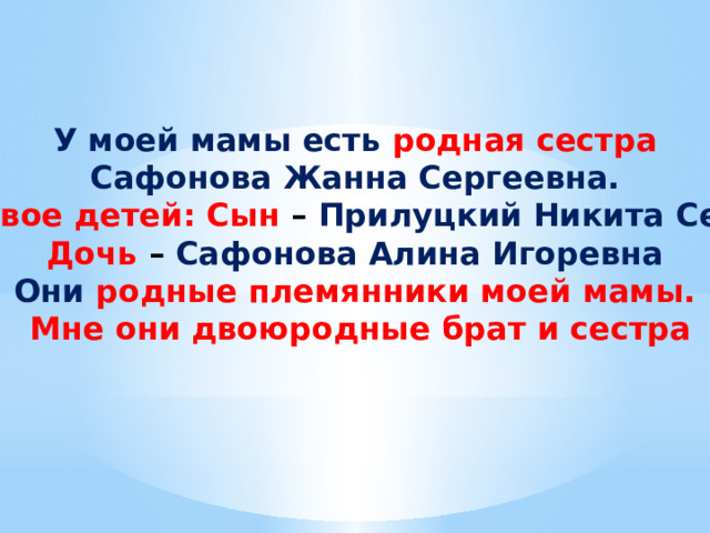 У моей мамы есть родная сестра Сафонова Жанна Сергеевна. А у нее двое детей: Сын – Прилуцкий Никита Сергеевич, Дочь – Сафонова Алина Игоревна Они  родные племянники моей мамы. Мне они двоюродные брат и сестра 