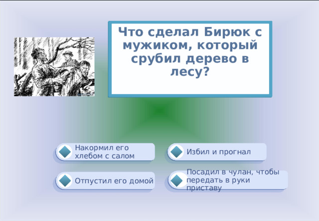 Что сделал Бирюк с мужиком, который срубил дерево в лесу?   Избил и прогнал Накормил его хлебом с салом Посадил в чулан, чтобы передать в руки приставу Отпустил его домой 