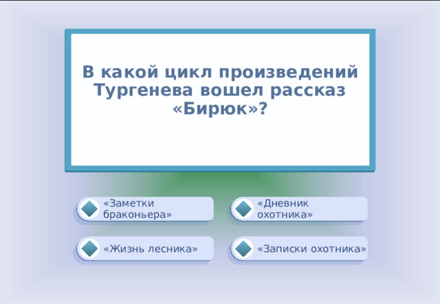 В какой цикл произведений Тургенева вошел рассказ «Бирюк»?   «Дневник охотника» «Заметки браконьера» «Жизнь лесника» «Записки охотника» 