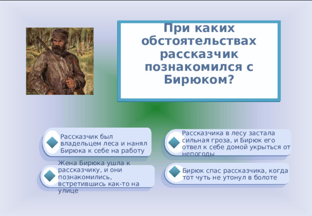 При каких обстоятельствах рассказчик познакомился с Бирюком?   Рассказчик был владельцем леса и нанял Бирюка к себе на работу Рассказчика в лесу застала сильная гроза, и Бирюк его отвел к себе домой укрыться от непогоды Бирюк спас рассказчика, когда тот чуть не утонул в болоте Жена Бирюка ушла к рассказчику, и они познакомились, встретившись как-то на улице 