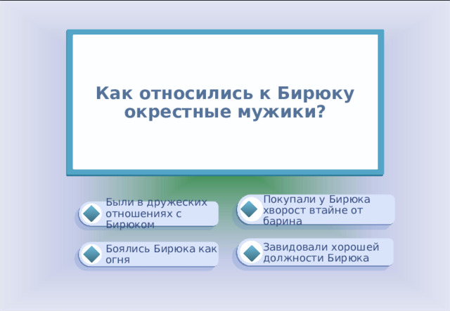 Как относились к Бирюку окрестные мужики? Покупали у Бирюка хворост втайне от барина Были в дружеских отношениях с Бирюком Завидовали хорошей должности Бирюка Боялись Бирюка как огня 