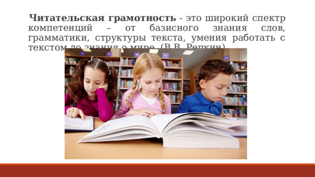 Читательская грамотность - это широкий спектр компетенций – от базисного знания слов, грамматики, структуры текста, умения работать с текстом до знания о мире. (В.В. Репкин) 