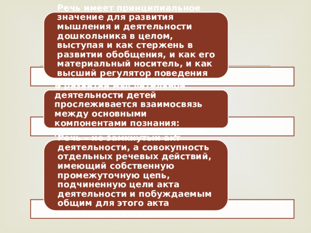 Речь имеет принципиальное значение для развития мышления и деятельности дошкольника в целом, выступая и как стержень в развитии обобщения, и как его материальный носитель, и как высший регулятор поведения ребенка В развитии мыслительной деятельности детей прослеживается взаимосвязь между основными компонентами познания: действием, словом и образом Речь – не замкнутый акт деятельности, а совокупность отдельных речевых действий, имеющий собственную промежуточную цепь, подчиненную цели акта деятельности и побуждаемым общим для этого акта деятельности мотивом 