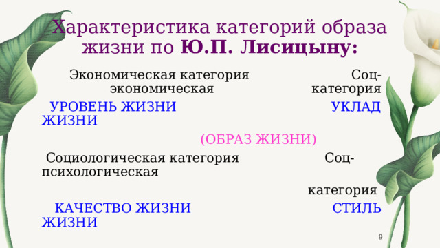 Характеристика категорий образа жизни по Ю.П. Лисицыну:  Экономическая категория Соц-экономическая категория  УРОВЕНЬ ЖИЗНИ УКЛАД ЖИЗНИ  (ОБРАЗ ЖИЗНИ)  Социологическая категория Соц-психологическая категория  КАЧЕСТВО ЖИЗНИ СТИЛЬ ЖИЗНИ  