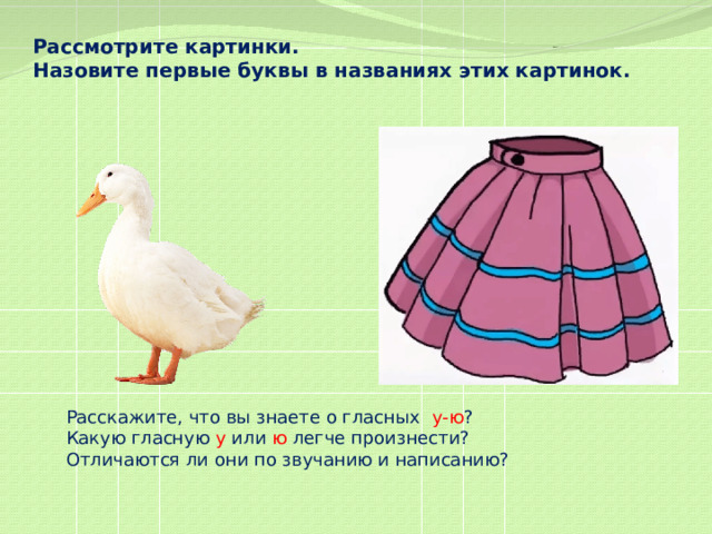 Рассмотрите картинки. Назовите первые буквы в названиях этих картинок. Расскажите, что вы знаете о гласных у-ю ?  Какую гласную у или ю легче произнести? Отличаются ли они по звучанию и написанию? 