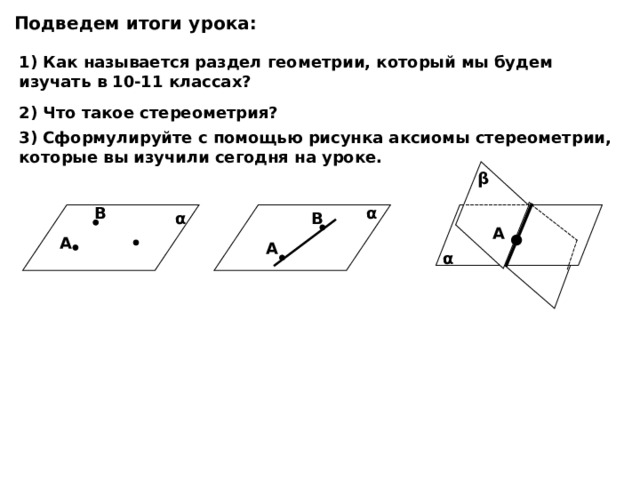 Подведем итоги урока: 1) Как называется раздел геометрии, который мы будем изучать в 10-11 классах? 2) Что такое стереометрия? 3) Сформулируйте с помощью рисунка аксиомы стереометрии, которые вы изучили сегодня на уроке. β В α В α А А А α 
