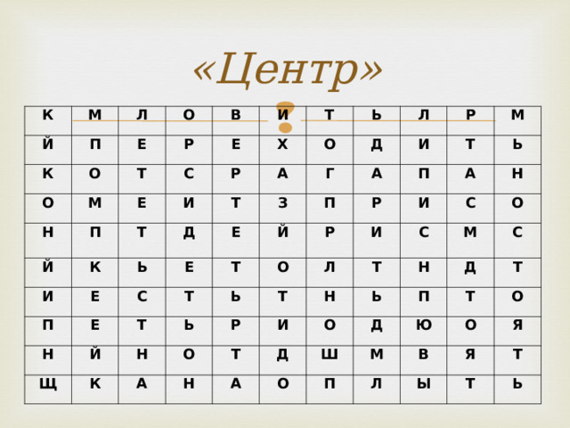«Центр» К М Й П К Л О О Е О Н В Р М Т П И С Е Й Е К Х Т Т И И Р Д Е Ь А П О Т Ь Д Л Е Г С Е  Е Н З А Й Т Р Й Щ И Т Т П Т К Н П Р М Ь Р Ь О А И О Т А Р Ь Л И Т Н Н Н С С И Т М Д Ь О О Н А Д С Д П Ш О Т М Т Ю П Л О О В Я Я Ы Т Т Ь 