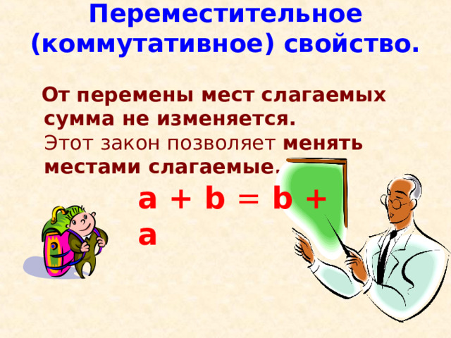 Переместительное (коммутативное) свойство.    От перемены мест слагаемых сумма не изменяется.  Этот закон позволяет менять местами слагаемые. a + b = b + a 