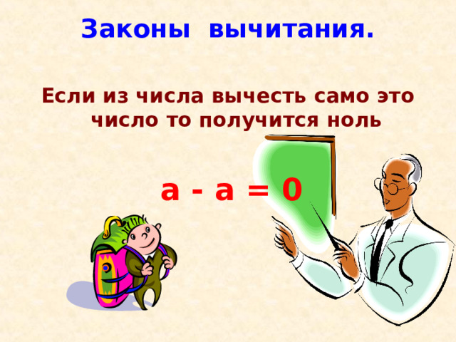 Законы вычитания.   Если из числа вычесть само это число то получится ноль   а - а = 0 