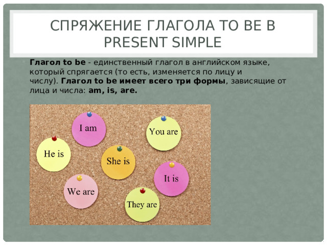 Спряжение глагола to be в Present Simple Глагол to be  - единственный глагол в английском языке, который спрягается (то есть, изменяется по лицу и числу).  Глагол to be имеет всего три формы , зависящие от лица и числа:  am, is, are.     