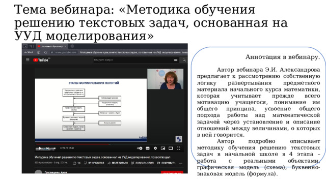 Тема вебинара: «Методика обучения решению текстовых задач, основанная на УУД моделирования»  Аннотация в вебинару. Автор вебинара Э.И. Александрова предлагает к рассмотрению собственную логику развертывания предметного материала начального курса математики, которая учитывает прежде всего мотивацию учащегося, понимание им общего принципа, усвоение общего подхода работы над математической задачей через установление и описание отношений между величинами, о которых в ней говорится. Автор подробно описывает методику обучения решению текстовых задач в начальной школе в 4 этапа – работа с реальными объектами, графическая модель (схема), буквенно-знаковая модель (формула). 