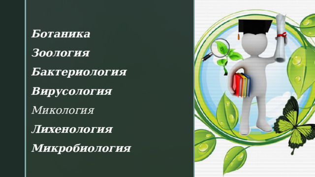 Ботаника   Зоология   Бактериология   Вирусология   Микология  Лихенология Микробиология  