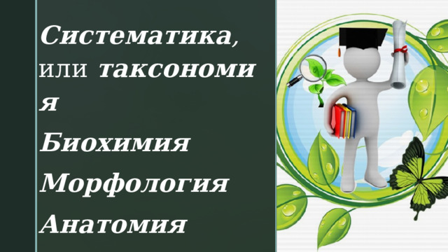 Систематика ,  или  таксономия  Биохимия Морфология Анатомия   