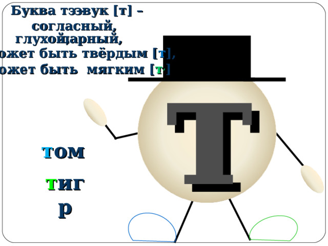 Буква тэ – звук [т] – согласный, т парный, глухой,  может быть твёрдым [ т ], может быть мягким [ т , ] т ом т игр 