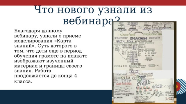Что нового узнали из вебинара?  Благодаря данному вебинару, узнали о приеме моделирования «Карта знаний». Суть которого в том, что дети еще в период обучения грамоте на плакате изображают изученный материал и границы своего знания. Работа продолжается до конца 4 класса.  1 