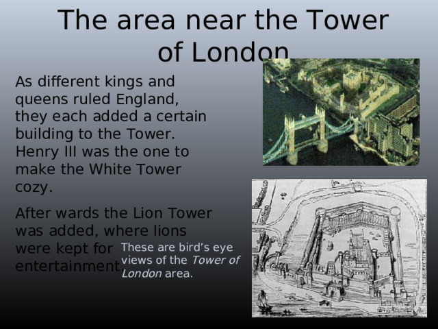 The area near the Tower of London As different kings and queens ruled England, they each added a certain building to the Tower. Henry III was the one to make the White Tower cozy. After wards the Lion Tower was added, where lions were kept for entertainment. These are bird’s eye views of the Tower of London area. 